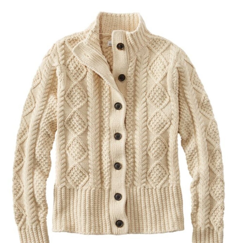 L.L. Bean Signature Cotton Fisherman Sweater Short Cardigan Beige Women Reg (S)